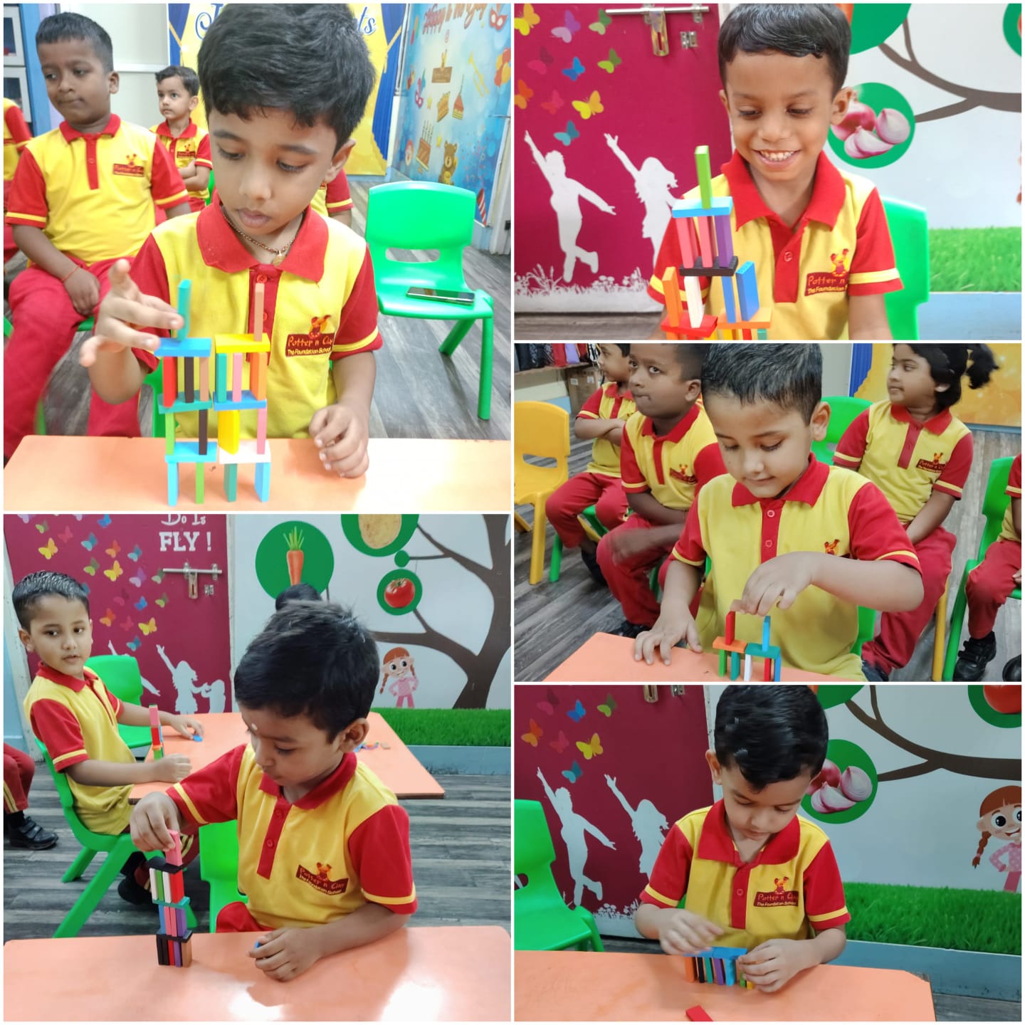 Young children carefully building tall towers from coloured blocks during a focus and patience activity